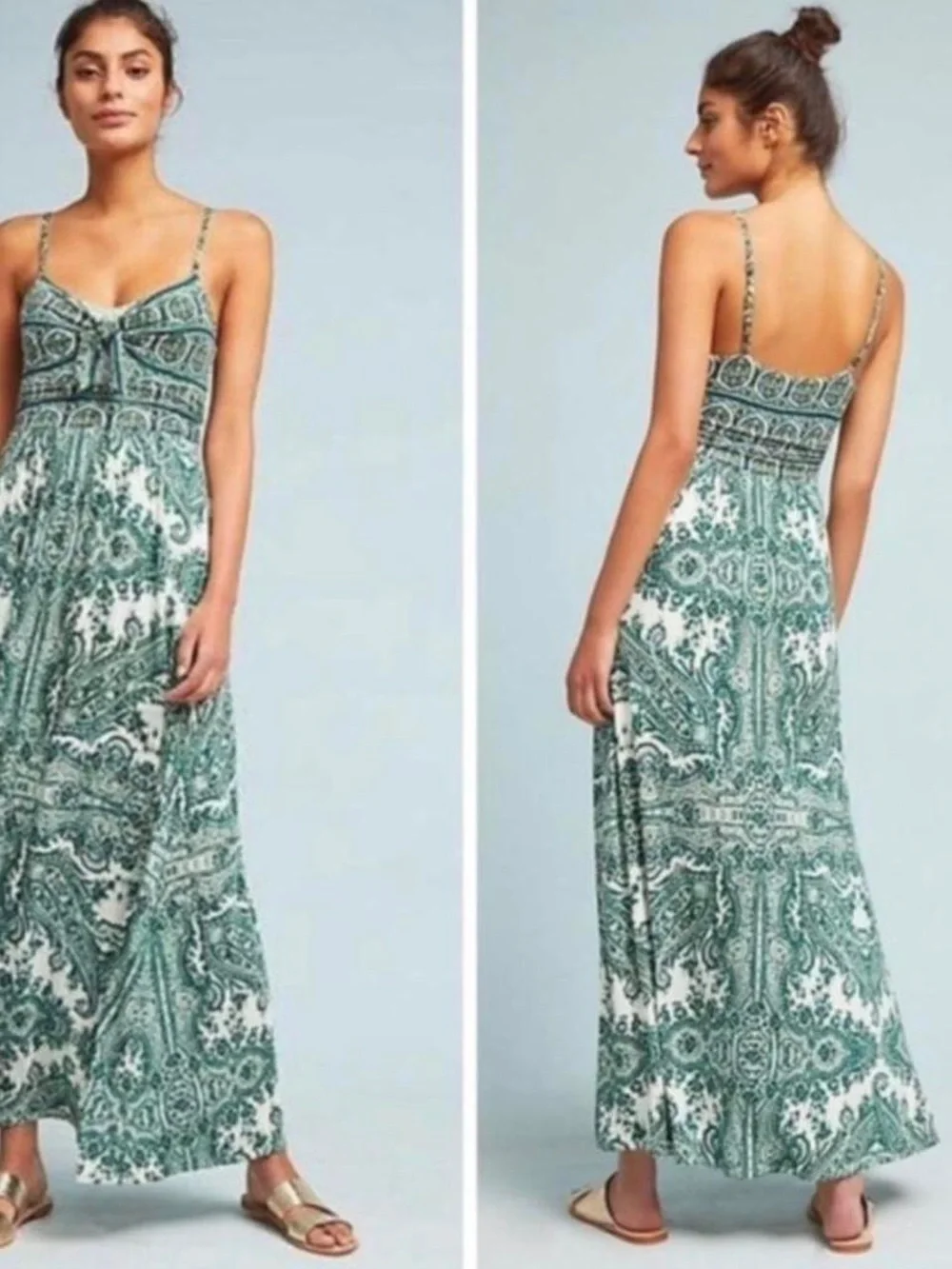 Anthropologie Green and White Printed Maxi Dress - Picture 2 of 6